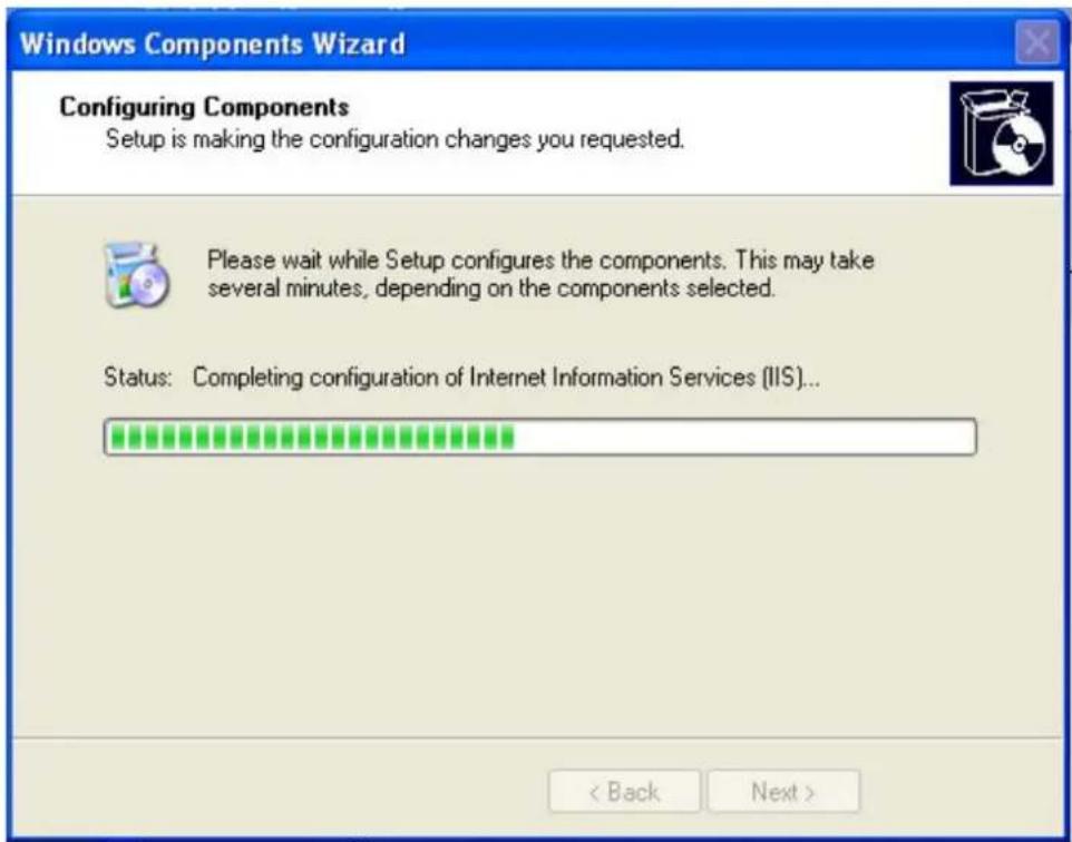 Windows Components Wizard Configuring Components Setup is making the configuration changes you requested. Please wait while Setup configures the components. This may take several minutes, depending on the components selected. Status: Completing configuration of Internet Information Services (IIS)...…