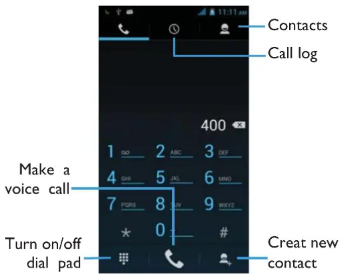 Contacts Call log 400 1 QD 2 ABC 3 DEF Make a voice call 4 GHR 5 JKL 6 MNO 7 PQRS 8 UV 9 WXYZ * 0 # Turn on/off dial pad Creat new contact
