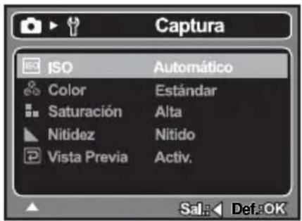 Captura ISO Automático Color Estándar Saturación Alta Nitidez Nitido Vista Previa Activ. Sal: Def:OK