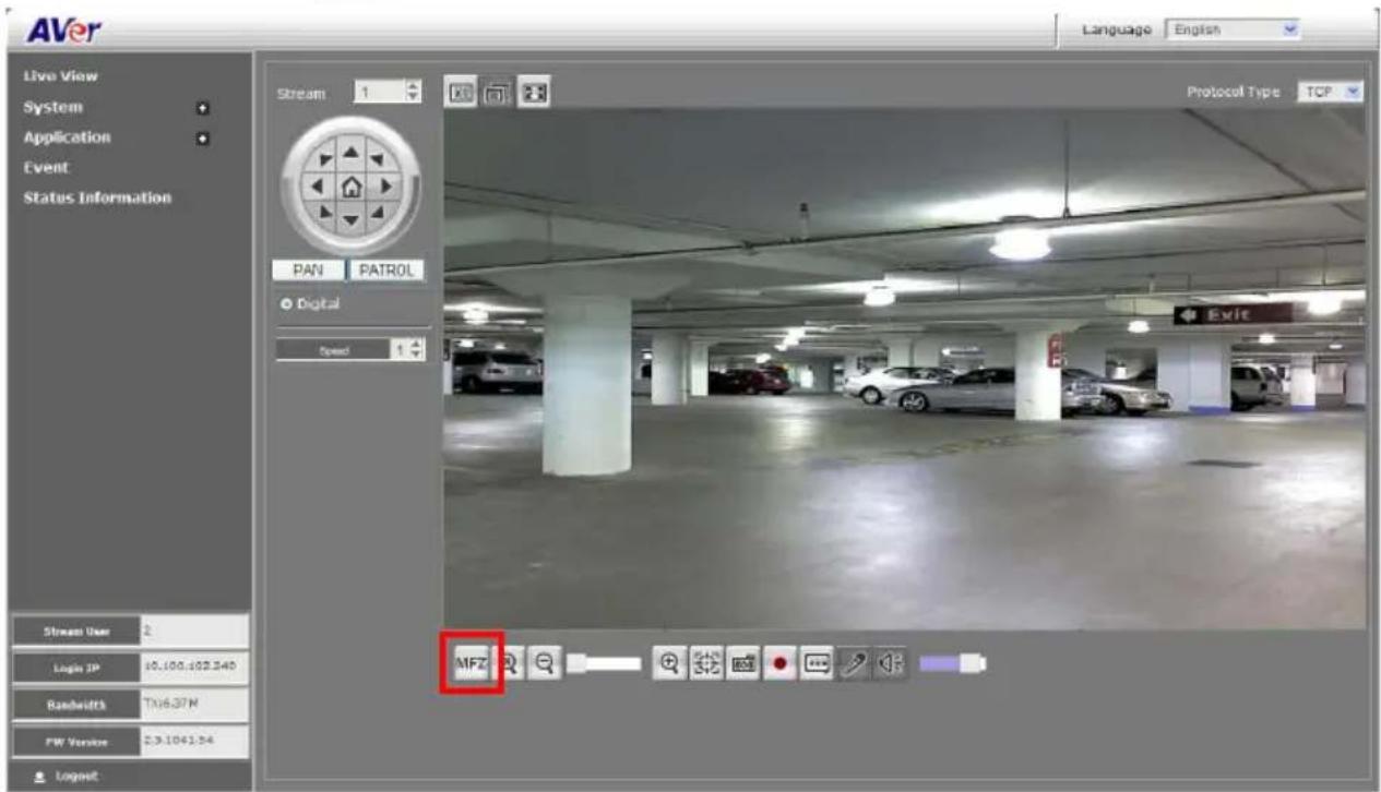 AVer Live View System Application Event Status Information Stream 1 Pan PATROL Digital Speed Protocol Type TCP Stream User 2 Login IP 15.100.102.340 Bandwidth TX6.37M FW Version 2.9.1041.24 Logout MFZ Language English