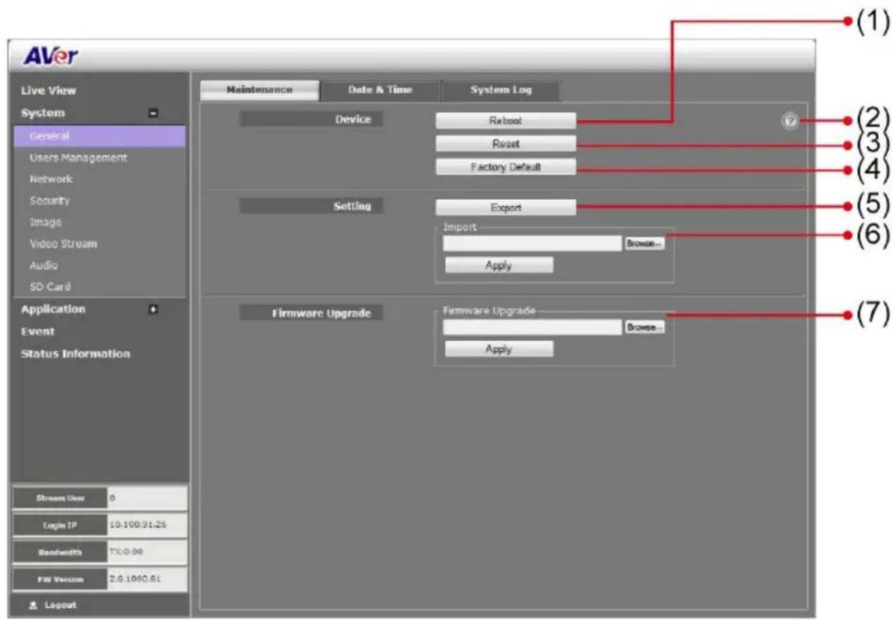 AVer Live View System General Users Management Network Security Image Video Stream Audio SD Card Application Event Status Information Stream User 0 Login IP 19.100.91.26 Bandwidth TX:0.00 FW Version 2.6.1050.61 Layout Maintenance Date & Time System Log Device Retout Reset Factory Default Setting Export Import Browse... Apply Firmware Upgrade Firmware Upgrade Browse... Apply (1) (2) (3) (4) (5) (6) (7)