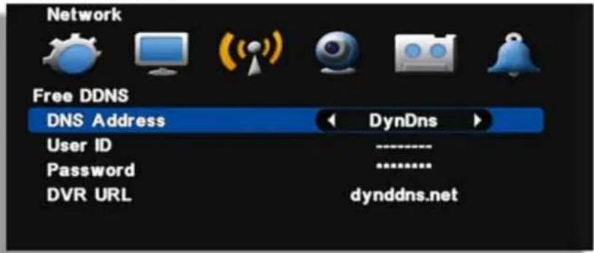 Network Free DDNS DNS Address DynDns User ID Password ******** DVR URL dynddns.net