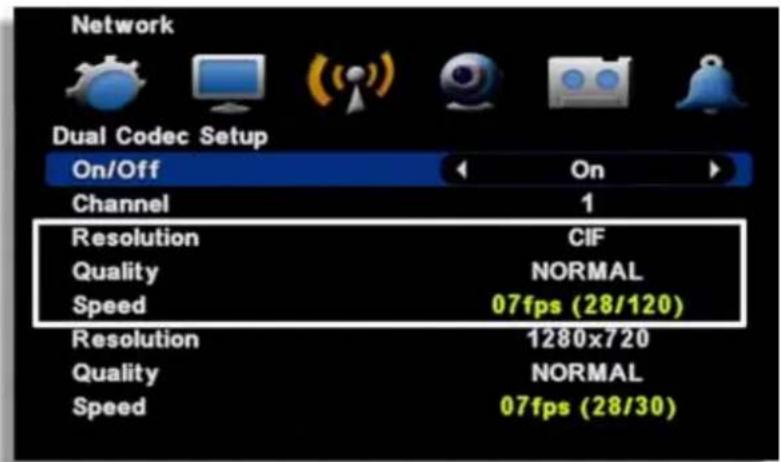 Network Dual Codec Setup On/Off Channel Resolution CIF Quality NORMAL Speed 07fps (28/120) Resolution 1280x720 Quality NORMAL Speed 07fps (28/30)