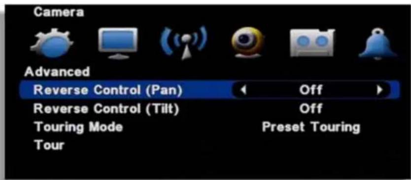 Camera Advanced Reverse Control (Pan) Reverse Control (Tilt) Touring Mode Tour Off Off Preset Touring