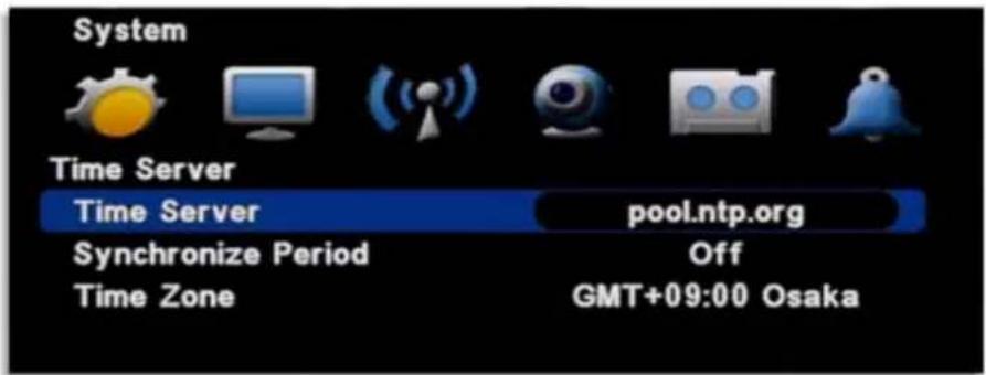 System Time Server Time Server pool.ntp.org Synchronize Period Off Time Zone GMT+09:00 Osaka
