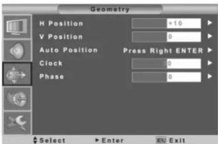 Geometry H Position +10 V Position 0 Auto Position Press Right ENTER Clock 0 Phase 0 Select Enter Exit