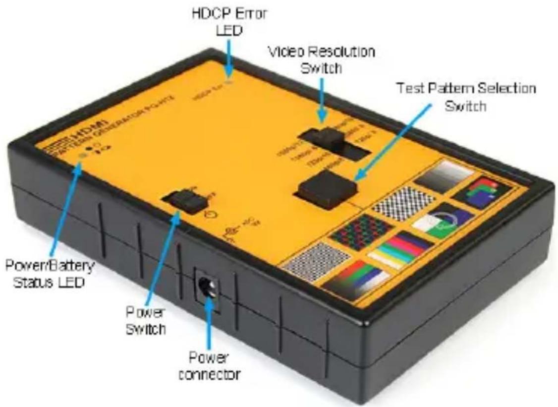 HDCP Error LED Video Resolution Switch Test Pattern Selection Switch Power/Battery Status LED Power Switch Power connector