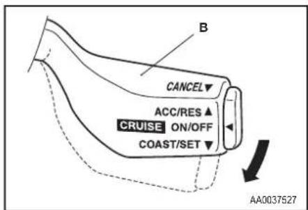 B CANCEL▼ ACC/RES▲ CRUISE ON/OFF COAST/SET▼ AA0037527