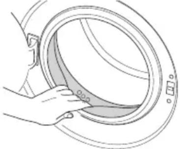 Line drawing of a hand holding a circular object with a handle, no text or symbols present