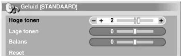 Geluid [STANDAARD] Hoge tonen - + 2 + Lage tonen 0 Balans 0 Reset