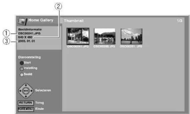 Home Gallery Beeldinformatic DSC00241.JPG 640 X 480 2003.01.01 Diavoorstelling Start Instelling Beeld Selecteren RETURN Terug HOME MENU Elode Thumbnail 1/3 DSC00241.JPG DSC00248.JPG DSC00291.JPG