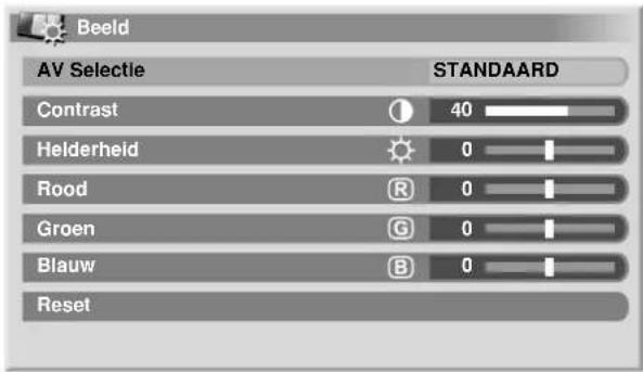 Beeld AV Selectie STANDAARD Contrast 40 Helderheid 0 Rood 0 Groen 0 Blauw 0 Reset