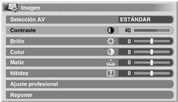 Imagen Selección AV ESTÁNDAR Contraste 40 Brillo 0 Color 0 Matiz 0 Nitldez 0 Ajuste profesional Reponer