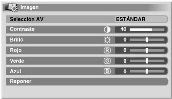 Imagen Selección AV ESTÁNDAR Contraste 40 Brillo 0 Rojo R 0 Verde G 0 Azul B 0 Reponer