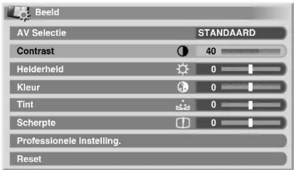 Beeld AV Selectie STANDAARD Contrast 40 Helderheld 0 Kleur 0 Tint 0 Scherpte 0 Professionele Instelling. Reset
