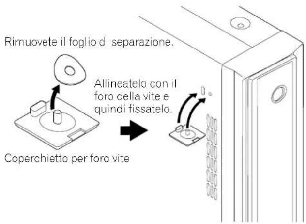 Rimuovete il foglio di separazione. Allineatelo con il foro della vite e quindi fissatelo. Coperchietto per foro vite