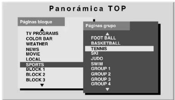 Panorámica TOP Páginas bloque TV PROGRAMS COLOR BAR WEATHER NEWS MOVIE LOCAL SPORTS BLOCK 1 BLOCK 2 BLOCK 3 Páginas grupo FOOT BALL BASKETBALL TENNIS SKI JUDO SWIM GROUP 1 GROUP 2 GROUP 3 GROUP 4