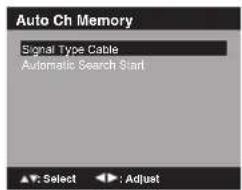 Auto Ch Memory Signal Type Cable Automatic Search Start Select : Adjust