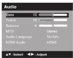 Audio Bass 15 Treble 15 Balance 0 MTS Stereo Audio Language No Info. HDMI Audio HDMI ▲: Select ▶: Adjust