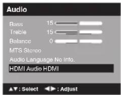 Audio Bass 15 Treble 15 Balance 0 MTS Stereo Audio Language No Info. HDMI Audio HDMI ▲▼ : Select ▶ ▶ : Adjust