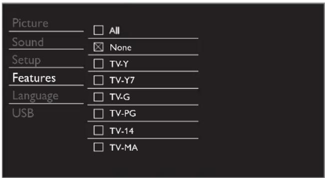 Picture Sound Setup Features Language USB All None TV-Y TV-Y7 TV-G TV-PG TV-14 TV-MA