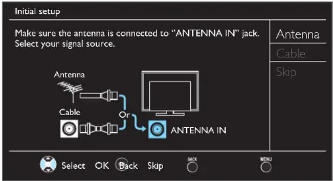 Initial setup Make sure the antenna is connected to "ANTENNA IN" jack. Select your signal source. Antenna Cable Skip Antenna IN Select OK Back Skip BACK MENU