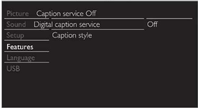 Picture Caption service Off Sound Digital caption service Off Setup Caption style Features Language USB