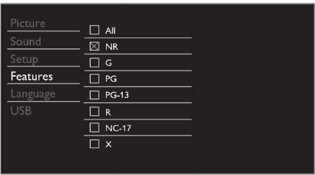 Picture Sound Setup Features Language USB All NR G PG PG-13 R NC-17 X