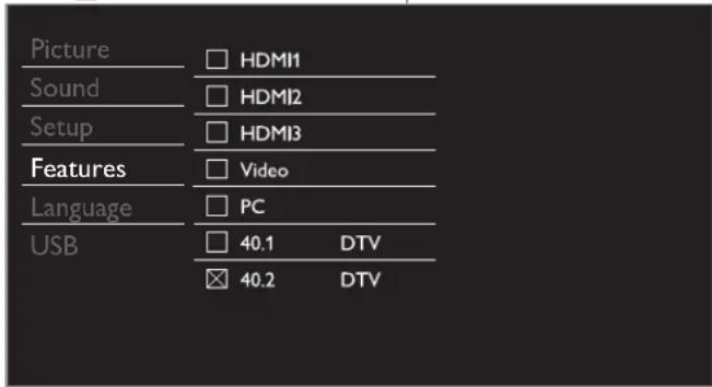 Picture Sound Setup Features Language USB HDMI1 HDMI2 HDMI3 Video PC 40.1 DTV 40.2 DTV