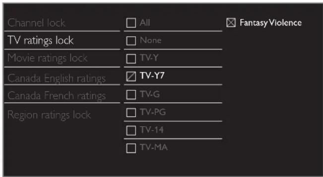 Channel lock TV ratings lock Movie ratings lock Canada English ratings Canada French ratings Region ratings lock All None TV-Y TV-Y7 TV-G TV-PG TV-14 TV-MA Fantasy Violence