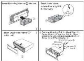 Insert Mounting dikes ① into car. Insert Outer frame (②) to the unit. Tend from close, outward for a light fit, if necessary. 4 Central Mounting Bolt - Metal Spring 6, Series Pulsar, and Series N-3. The main components include: Saddle and Flex Bracket 1, Series 2, Series 3, and Series 4. All components are labeled with numbers ①, ②, ③, and ④ respectively.