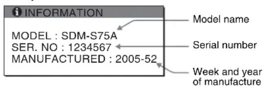 i INFORMATION MODEL : SDM-S75A SER. NO : 1234567 MANUFACTURED : 2005-52 Model name Serial number Week and year of manufacture