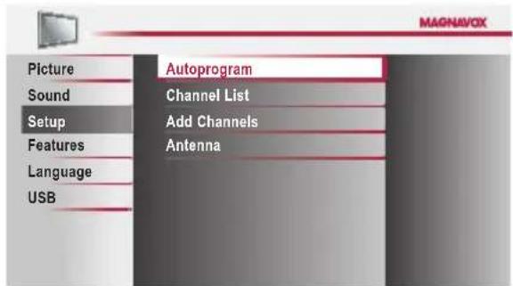 MAGNAVOX Picture Sound Setup Features Language USB Autoprogram Channel List Add Channels Antenna