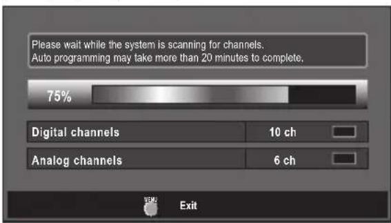 Please wait while the system is scanning for channels. Auto programming may take more than 20 minutes to complete. 75% Digital channels 10 ch Analog channels 6 ch Exit