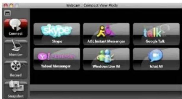 WebCam : Compact View Mode Connect Skype SKype AGL Instant Messenger talk Google Talk Monitor Yahoo! Messenger Windows Live IM Ichat AV Record Snapshet
