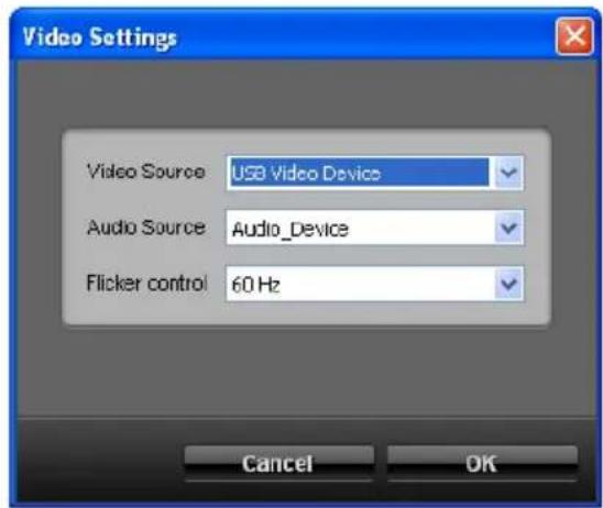 Video Settings Video Source USB Video Device Audio Source Audio_Device Flicker control 60 Hz Cancel OK