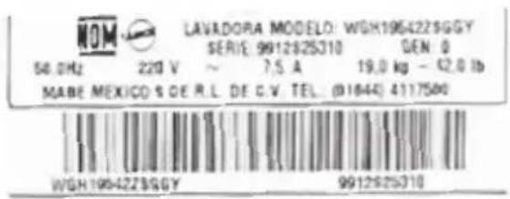 LAVADORA MODELO: WGH1964223SGY SERIE: 9912825310 GEN: 0 58.0HZ 220 V ~ 7.5 A 19,0 kg - 42,0 lb MABE MEXICO S DE R.L. DE C.V. TEL: (01844) 4117500 WGH1964223SGY 9912825310