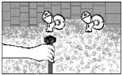 Illustration of a hand holding a tool with floating objects above, set against a tiled wall background (no text or symbols)