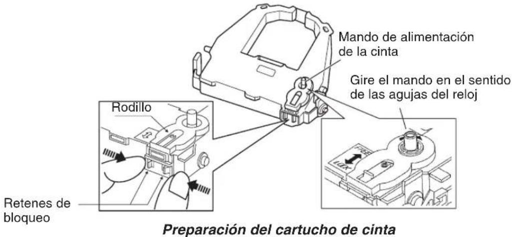 Mando de alimentación de la cinta Gire el mando en el sentido de las agujas del reloj Rodillo Retenes de bloqueo Preparación del cartucho de cinta