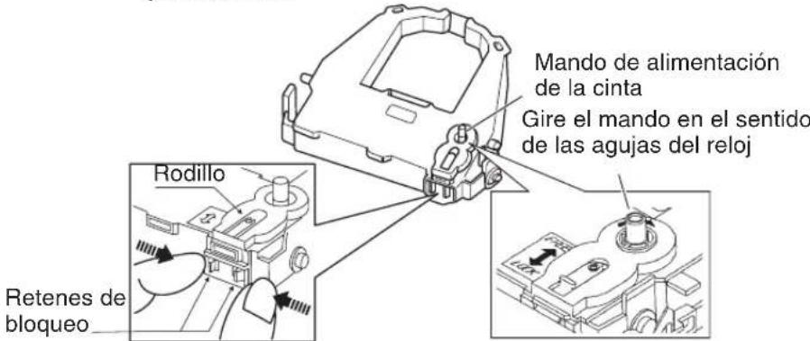 Mando de alimentación de la cinta Gire el mando en el sentido de las agujas del reloj Rodillo Retenes de bloqueo