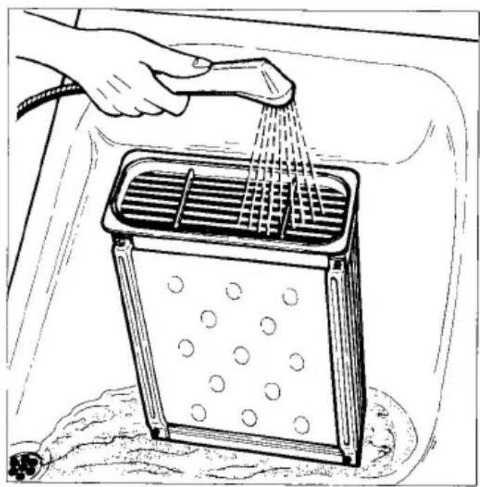 Illustration of a hand using a grater to clean or wash a rectangular dish with circular patterns (no text or symbols)