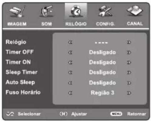 IMAGEM SOM RELÓGIO CONFIG. CANAL Relógio Timer OFF Timer ON Sleep Timer Auto Sleep Fuso Horário ...... Desligado Desligado Desligado Desligado Desligado Região 3 Selecionar Ajustar NCW Retornar