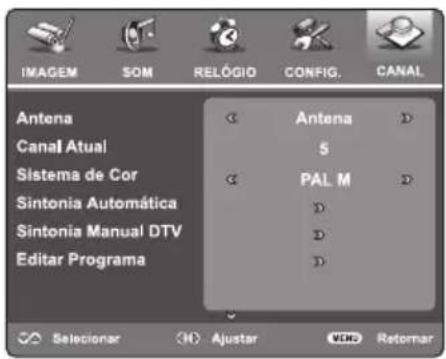 IMAGEM SOM RELÓGIO CONFIG. CANAL Antena Canal Atual Sistema de Cor Sintonia Automática Sintonia Manual DTV Editar Programa Antena S PAL M D D D Selecionar Ajustar VDD Retomar