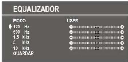 EQUALIZADOR MODO 120 Hz 500 Hz 1.5 kHz 5 kHz 10 kHz GUARDAR USER - 120 Hz - 500 Hz - 1.5 kHz - 5 kHz - 10 kHz