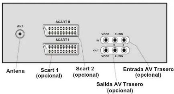 ANT. SCART II SCART I Antena Scart 1 (opcional) Scart 2 (opcional) VIDEO AUDIO IN R L OUT VIDEO AUDIO Entrada AV Trasero (opcional) Salida AV Trasero (opcional)