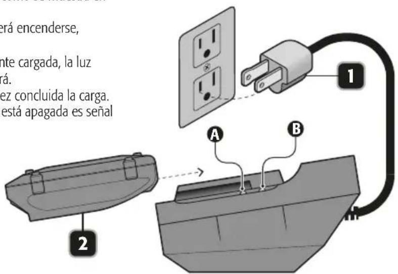 erá encenderse, nte cargada, la luz zá. ez concluida la carga. está apagada es señal 1 2 A B