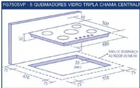 FG7505VP - 5 QUEIMADORES VIDRO TRIPLA CHAMA CENTRAL 60 500 680 AREA DE SEGURANÇA AO REDOR DO MCHO 20 (min.) 470 75 75 550 75
