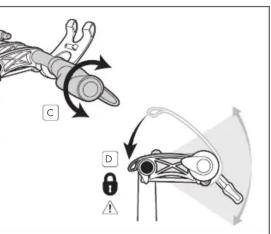 Diagram illustrating mechanical assembly steps with labeled components A, B, C, D and directional arrows indicating motion or movement.
