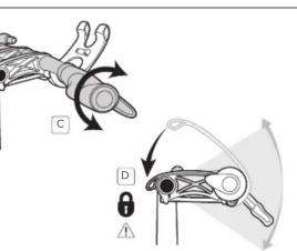Technical diagram showing mechanical assembly with labeled parts A, B, C, D and directional arrows indicating motion or movement.