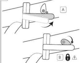Diagram illustrating two mechanical or electrical contact scenarios labeled A and B, showing hand positioning and rotation of a device.